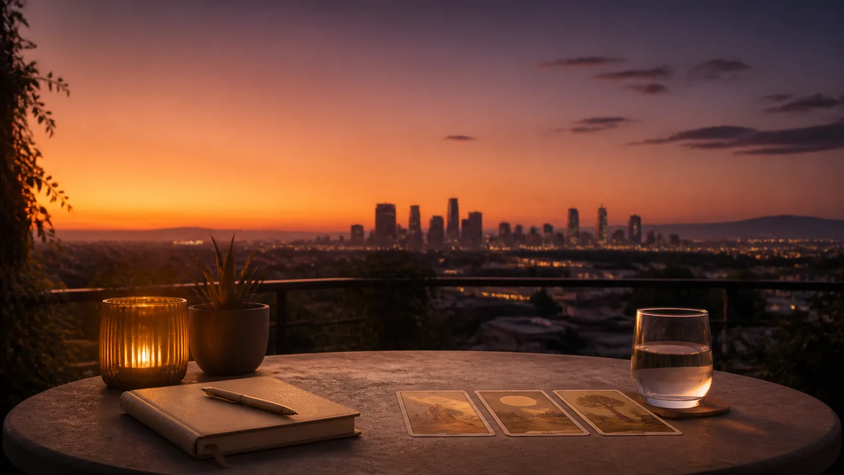 Los Angeles skyline at dusk with a notebook, water glass, and simple reading cards on a balcony table